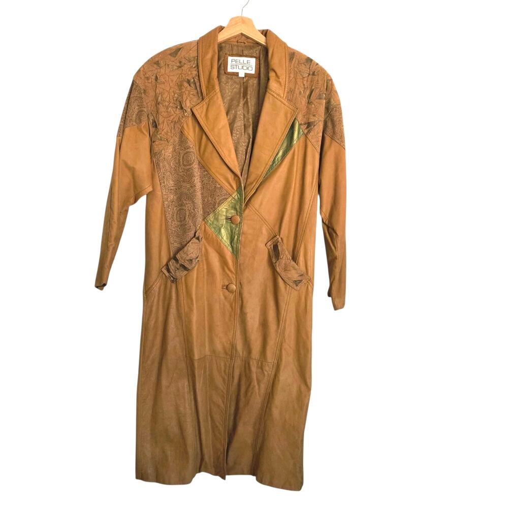 Vintage 90s Pelle Studio Leather Boho Patchwork Long Trench Coat Korea MEDIUM
